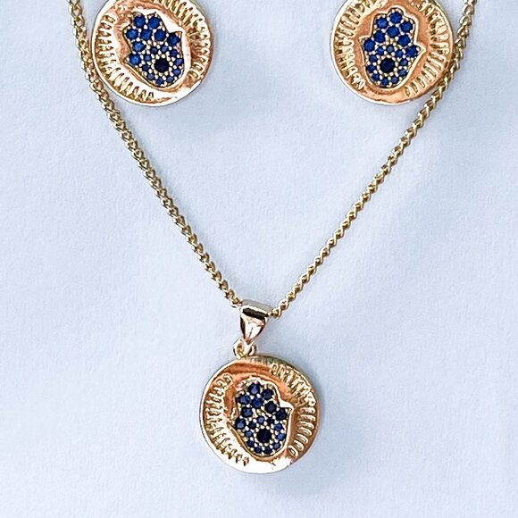 NWOT Hamsa Hand, Evil Eye Earring and Necklace with Charm set, Gold Filled 18" - Picture 5 of 14